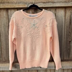 Vintage ANDENE Pink Beaded Snowflake Sweater - Size Medium